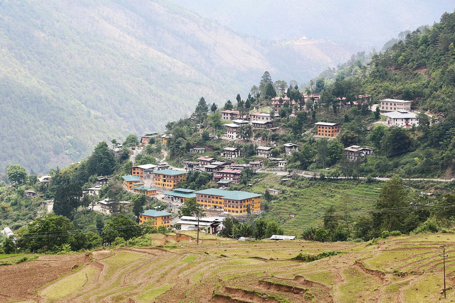 Traditional Bhutanese village set among green hills